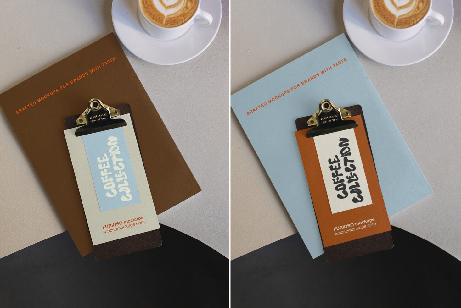 Clipboard mockup with coffee cup, styled in brown plus blue color variations overhead
