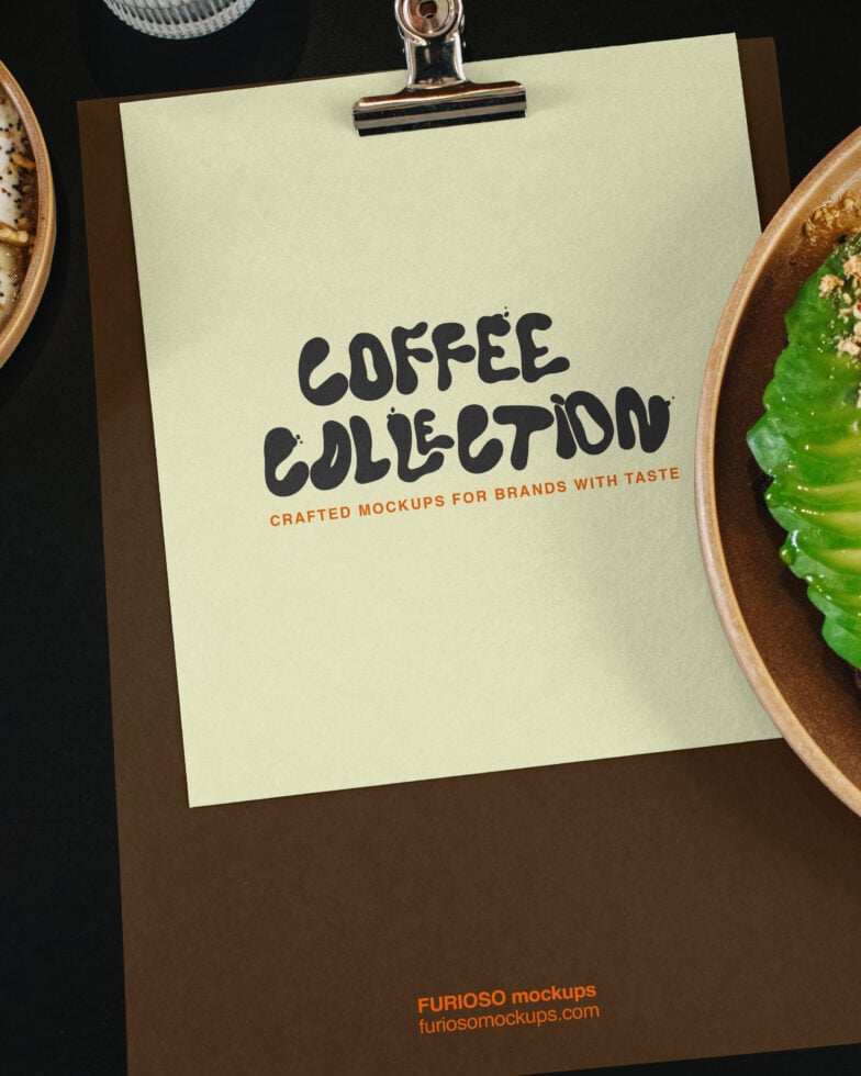 Clipboard mockup with cream paper displaying Coffee Collection branding in bold type