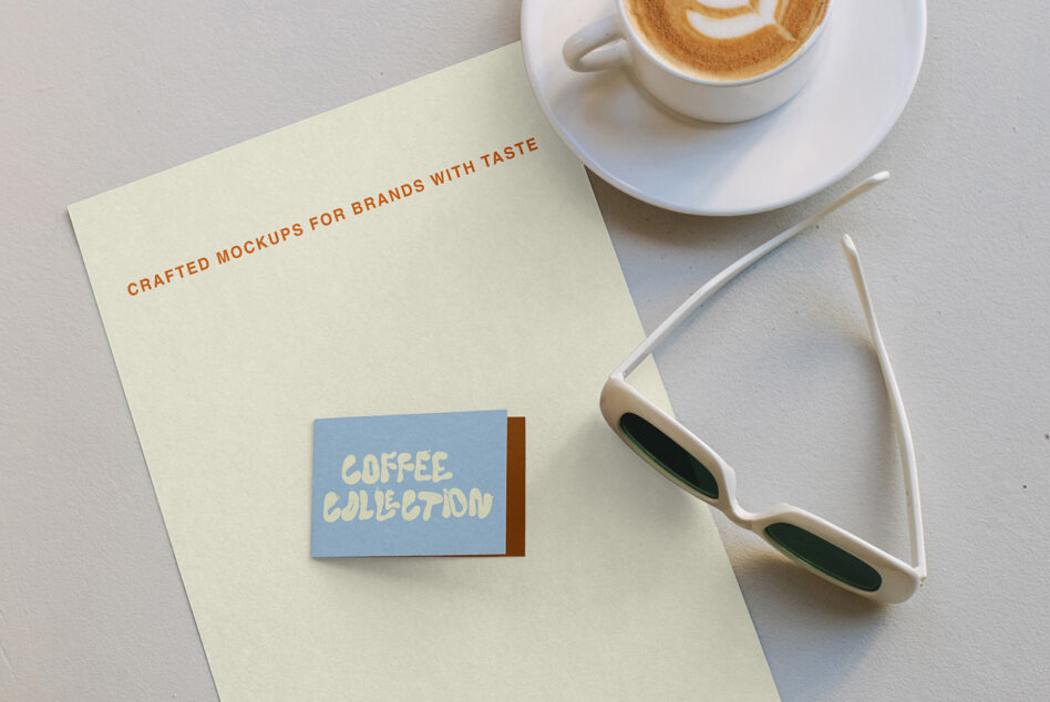 Cream paper with coffee mockup, latte on white saucer, sunglasses styled flat lay