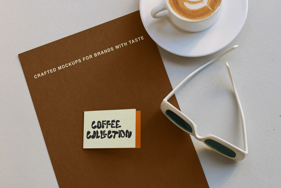 Brown portfolio with coffee cup latte art, sunglasses, minimal styled flat lay mockup scene