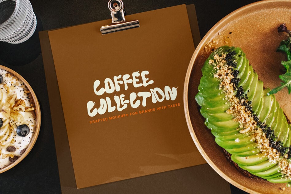 Clipboard mockup with "Coffee Collection" text surrounded by latte, avocado toast, flat lay styling