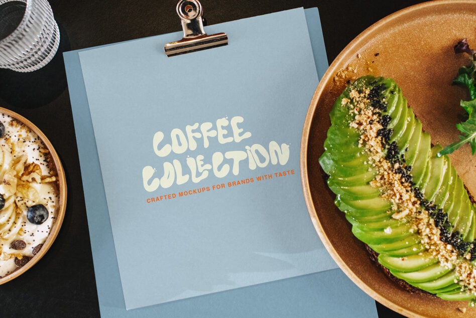 Light blue clipboard mockup with cream type saying "Coffee Collection" plus orange subheader text, styled with food bowls