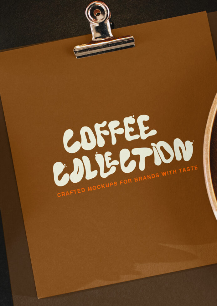 Clipboard holding tan paper with "Coffee Collection" text in cream lettering on dark background
