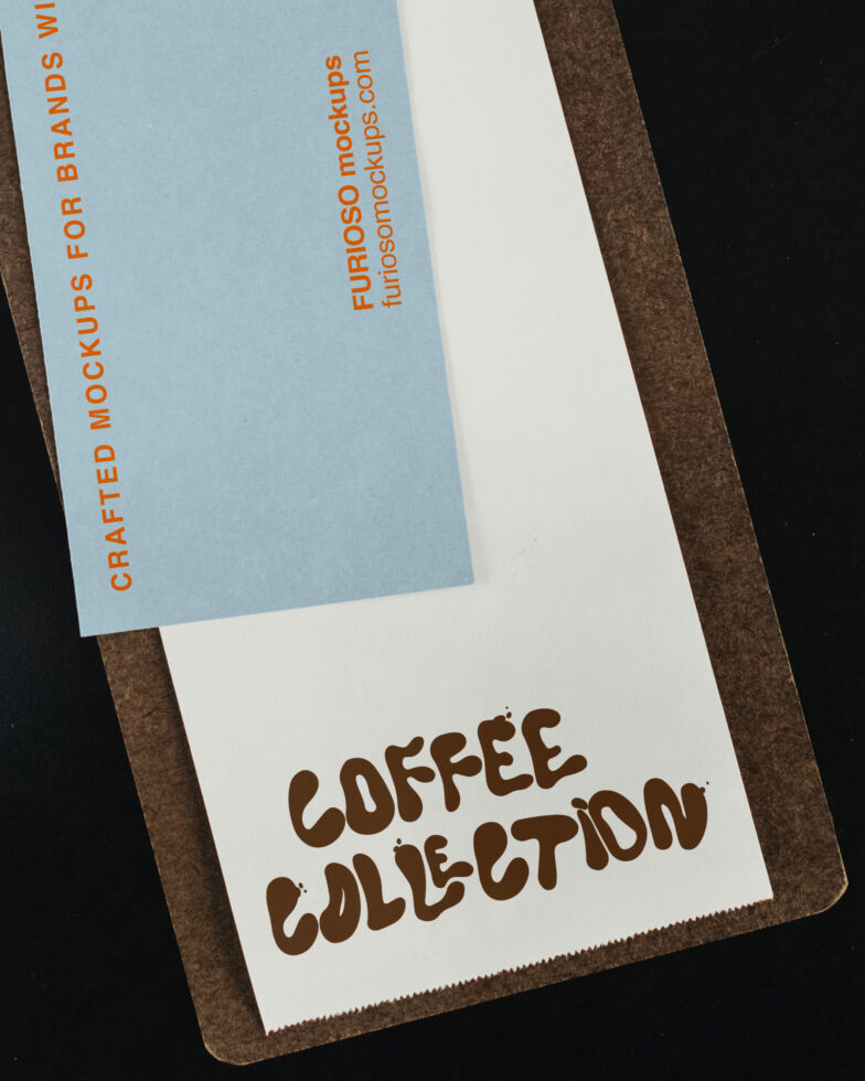 Stacked papers with blue label showing "crafted mockups" text over brown folder