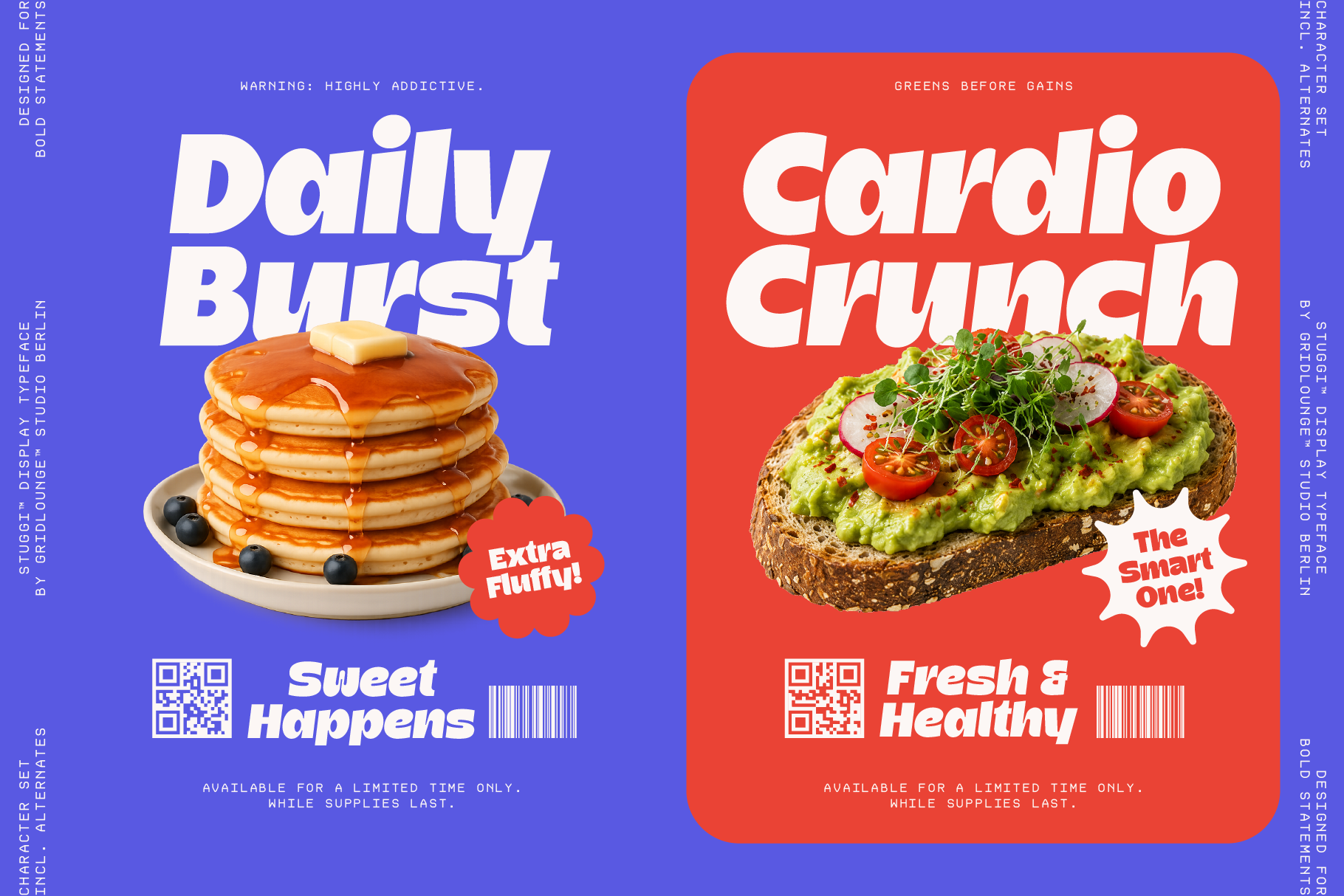 Retro food poster mockup with pancakes on blue side, avocado toast on red