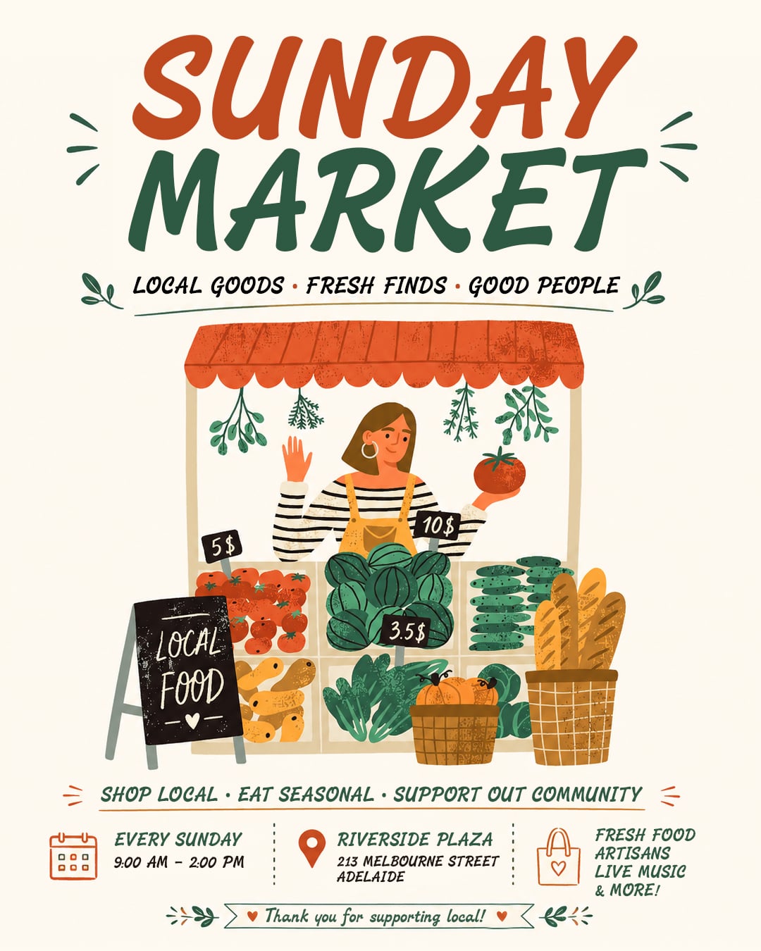 Illustrated Sunday market poster with vendor selling fresh produce under red awning, earthy colors