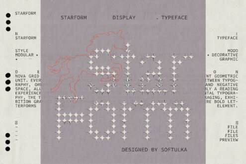 Starform display typeface with geometric star shapes in grid layout on mauve background