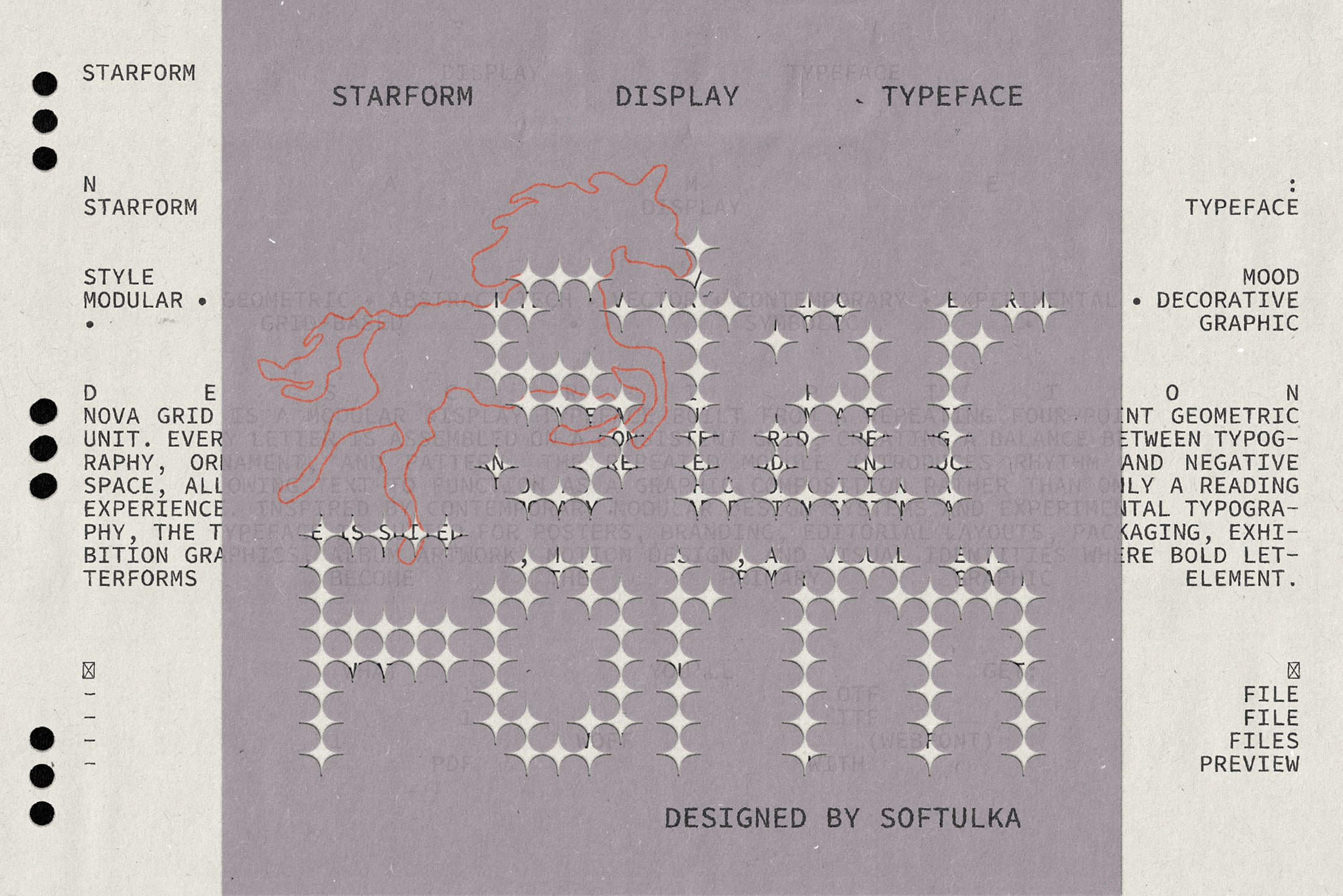 Starform display typeface with geometric star shapes in grid layout on mauve background