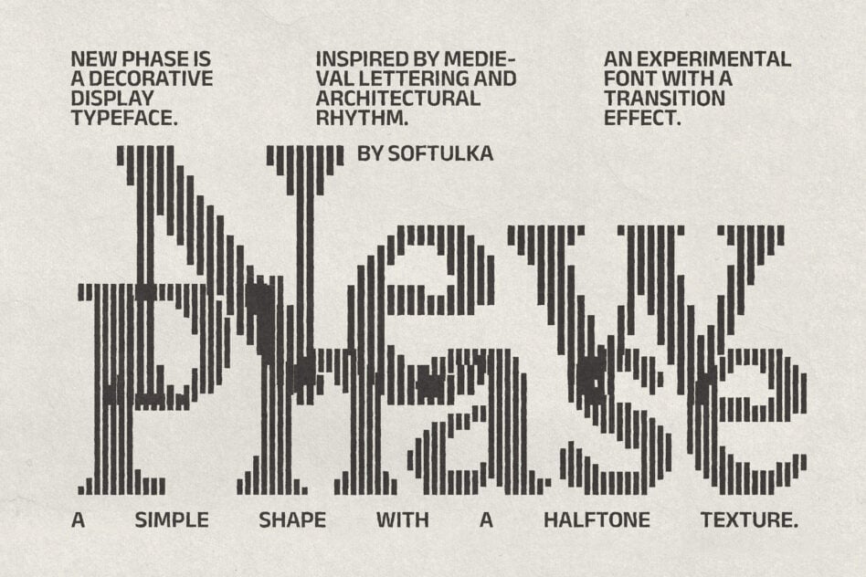New Phase decorative display font with striped halftone texture by Softulka
