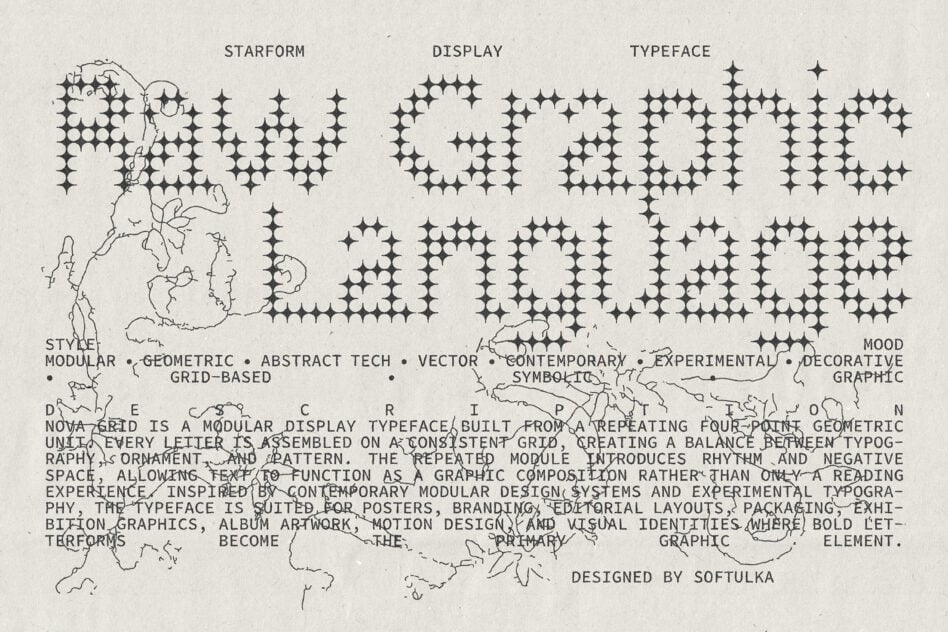 Nova Grid display typeface specimen sheet with geometric starform pattern