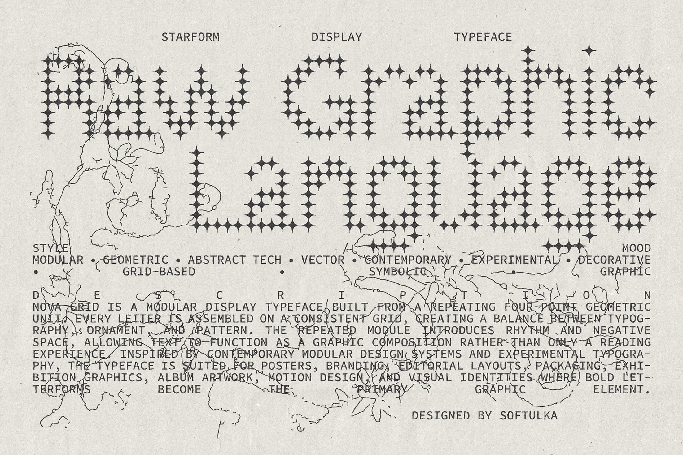 Nova Grid display typeface specimen sheet with geometric starform pattern