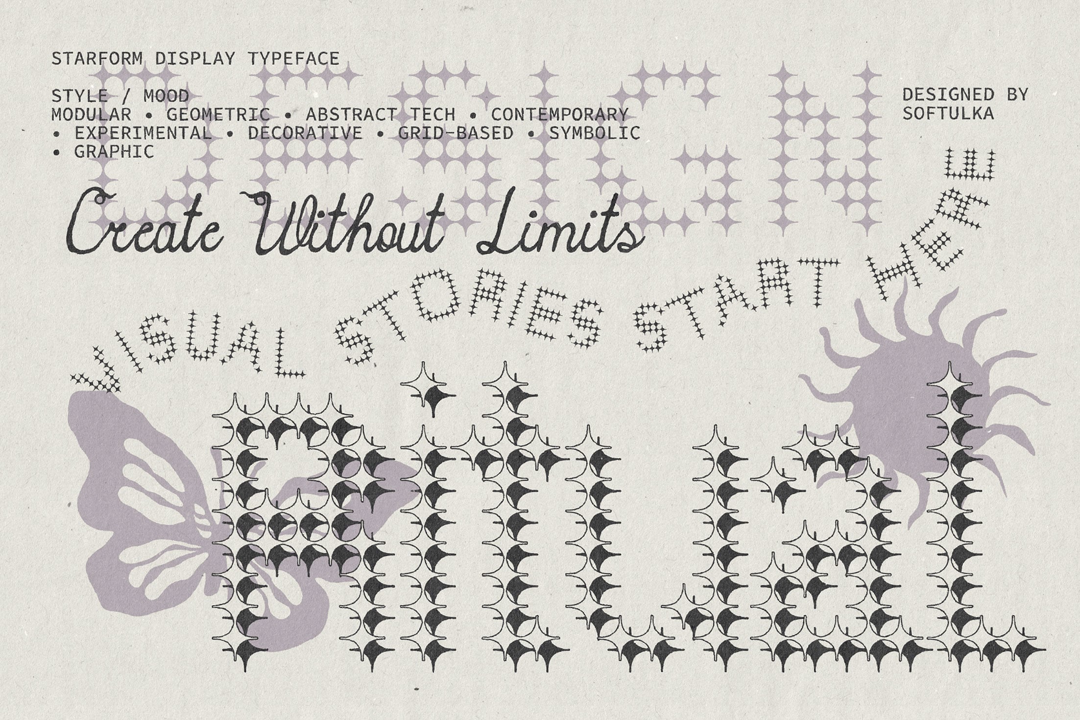 Starform geometric display typeface with spiky grid pattern, decorative stars, plus ornamental butterfly shapes