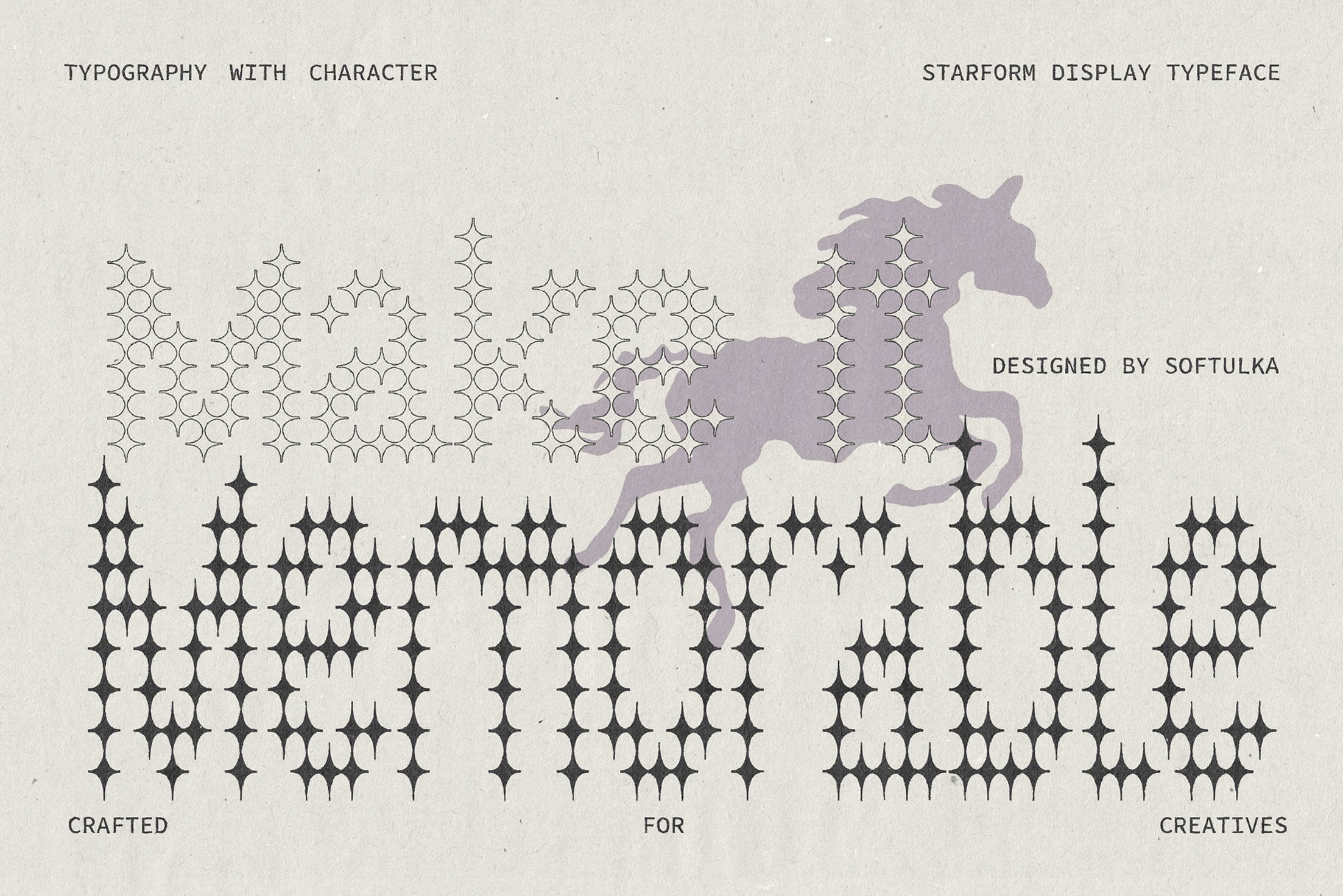 Starform Display typeface specimen with retro star motifs forming letters, mauve unicorn illustration overlay, cream textured background