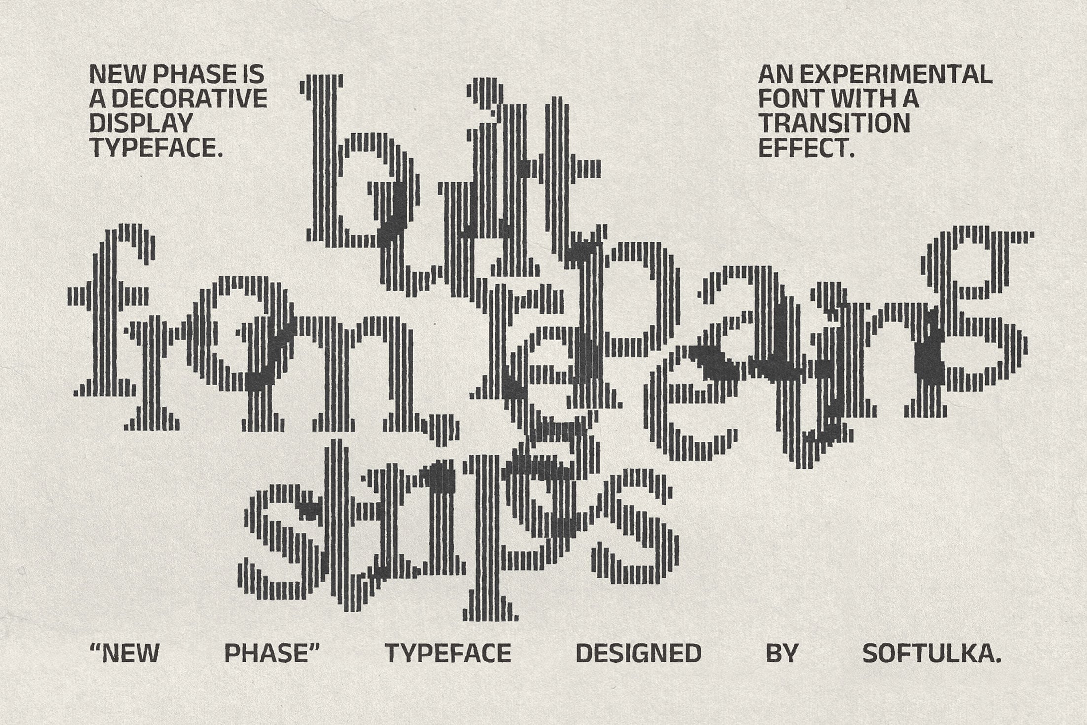 New Phase decorative typeface with striped texture pattern creating wavy letterforms