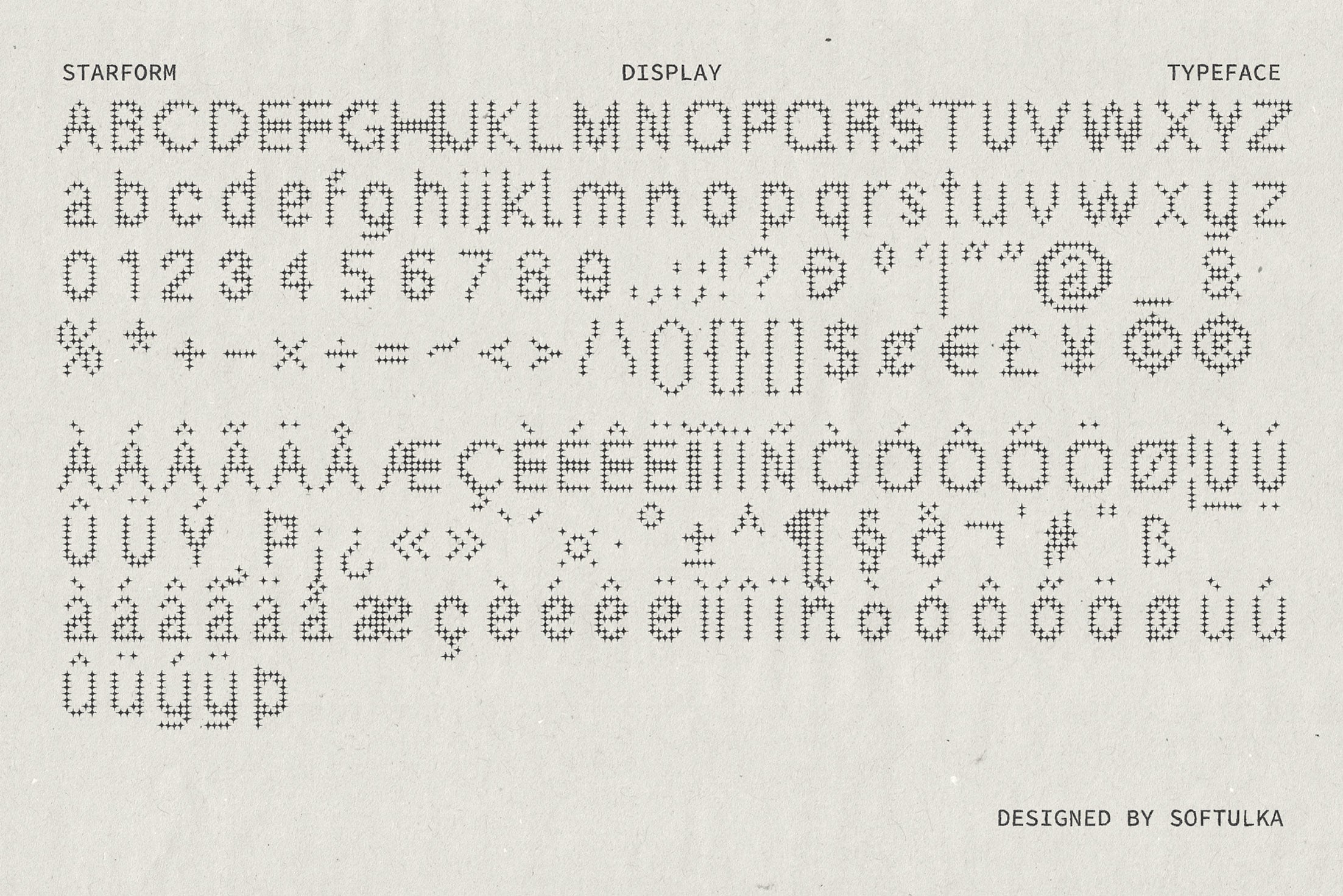 Starform display typeface specimen showing full alphabet, numbers, punctuation built from plus signs, crosses, dots on cream paper