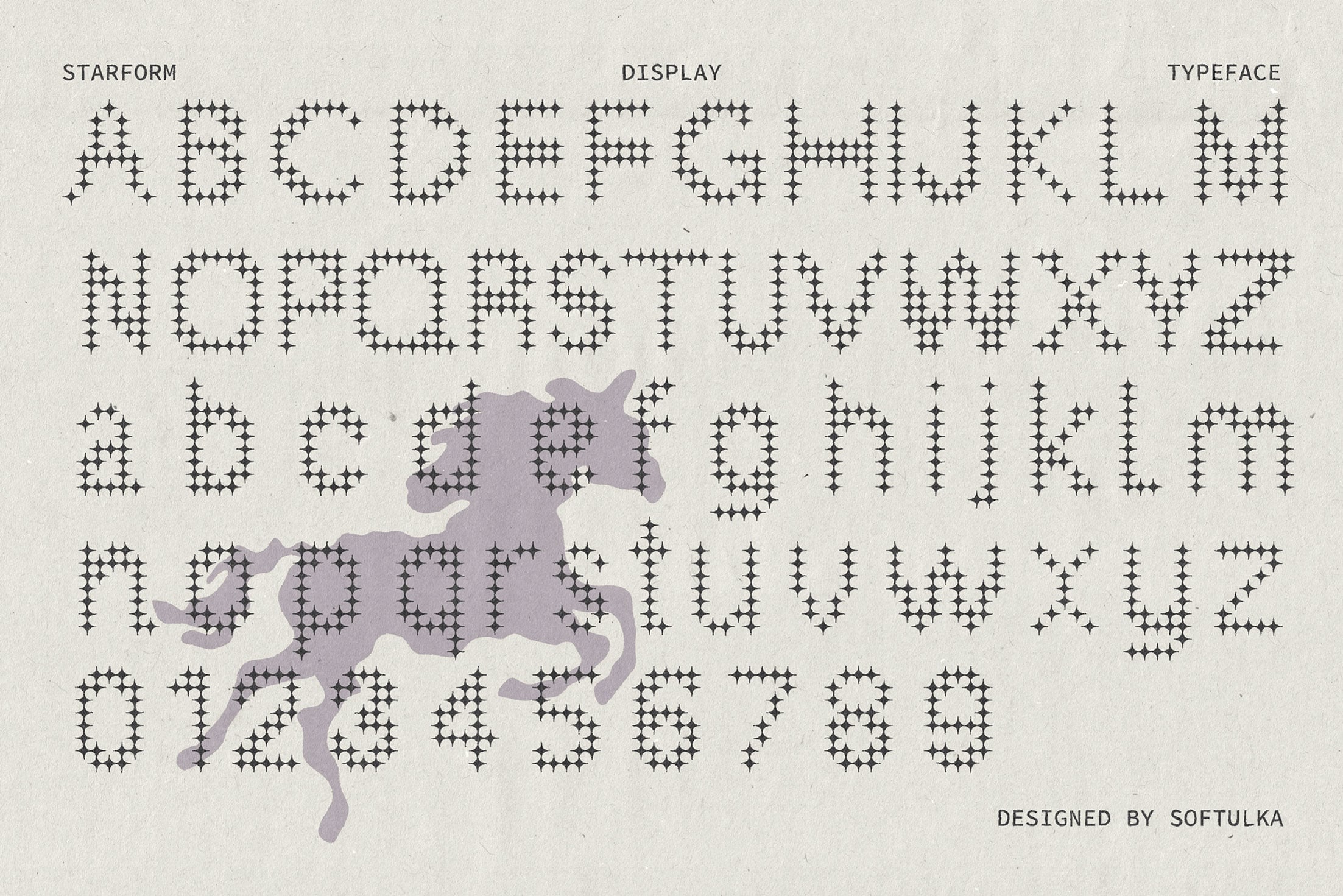 Starform display typeface with star-shaped characters forming letters, purple blob shapes overlaid on cream background