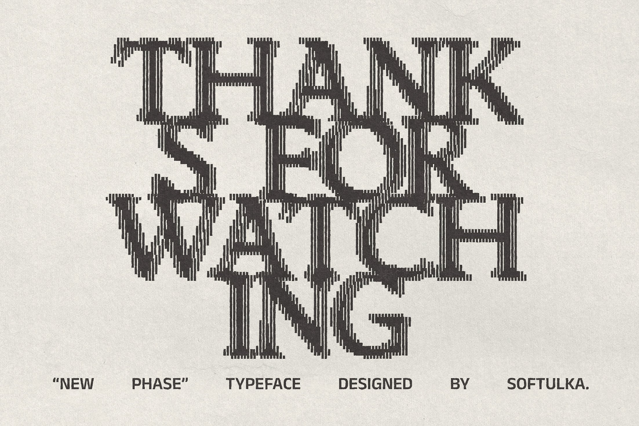Pixelated typeface with bold geometric letterforms stacked vertically on cream background, credit text below