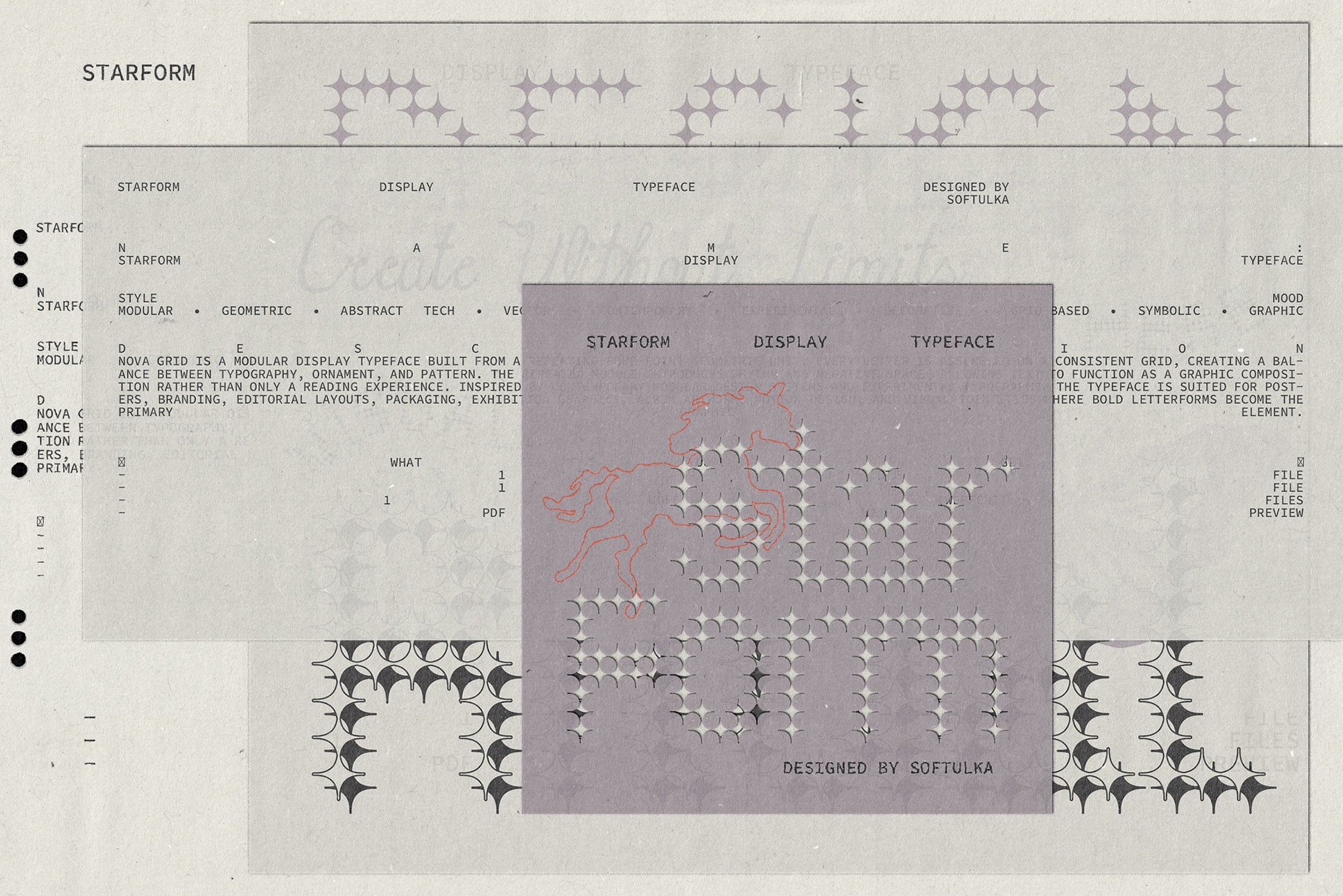 Starform display typeface specimen sheet with geometric star ornaments, designed by Softulka