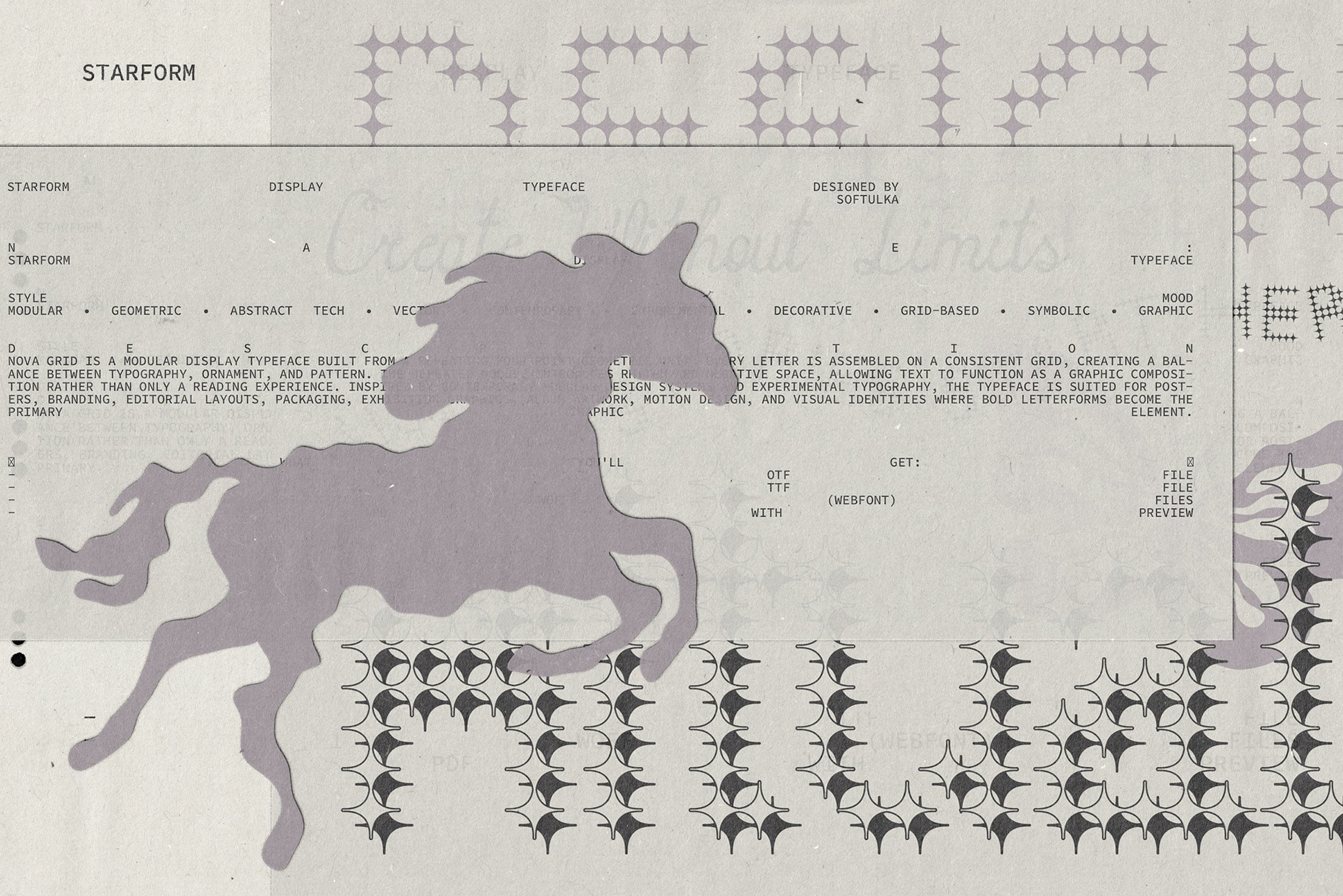 Starform display typeface showing geometric star glyphs with organic blob shapes, designed by Softulka