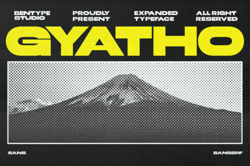 Gyatho font display showing bold yellow letterforms on dark background with halftone mountain graphic