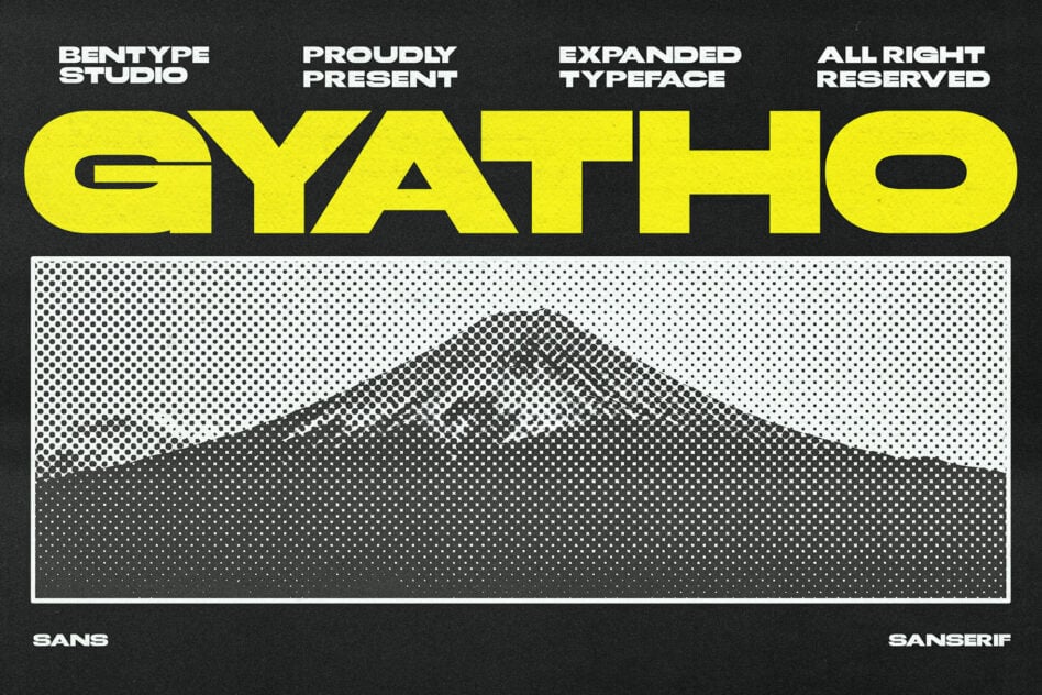 Gyatho font display showing bold yellow letterforms on dark background with halftone mountain graphic