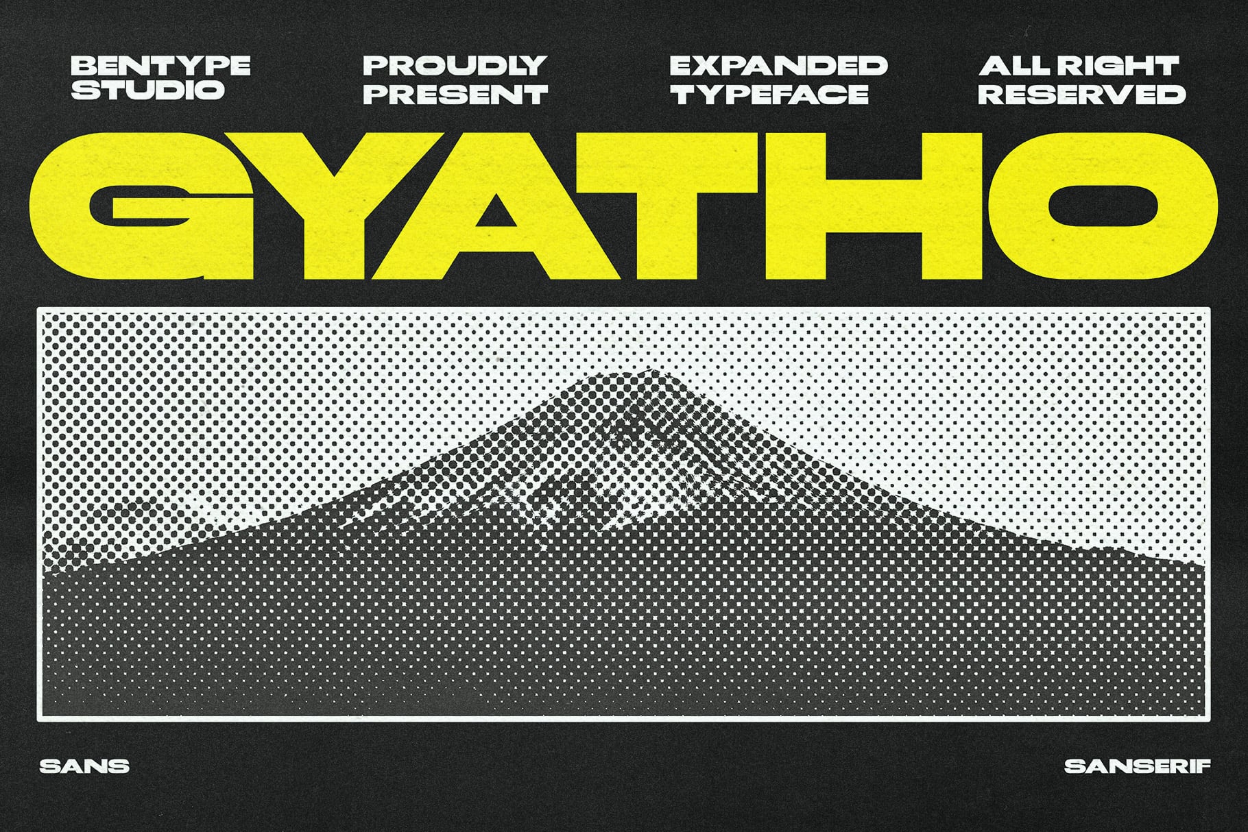 Gyatho font display showing bold yellow letterforms on dark background with halftone mountain graphic