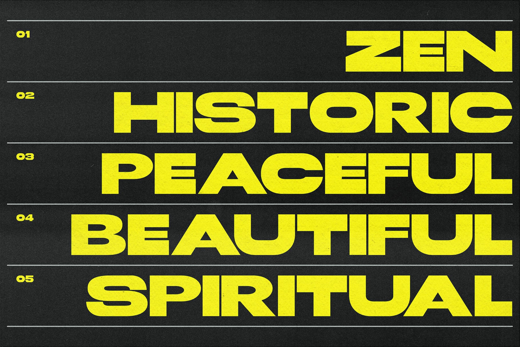 Bold yellow typeface specimen sheet with 5 numbered styles on dark background