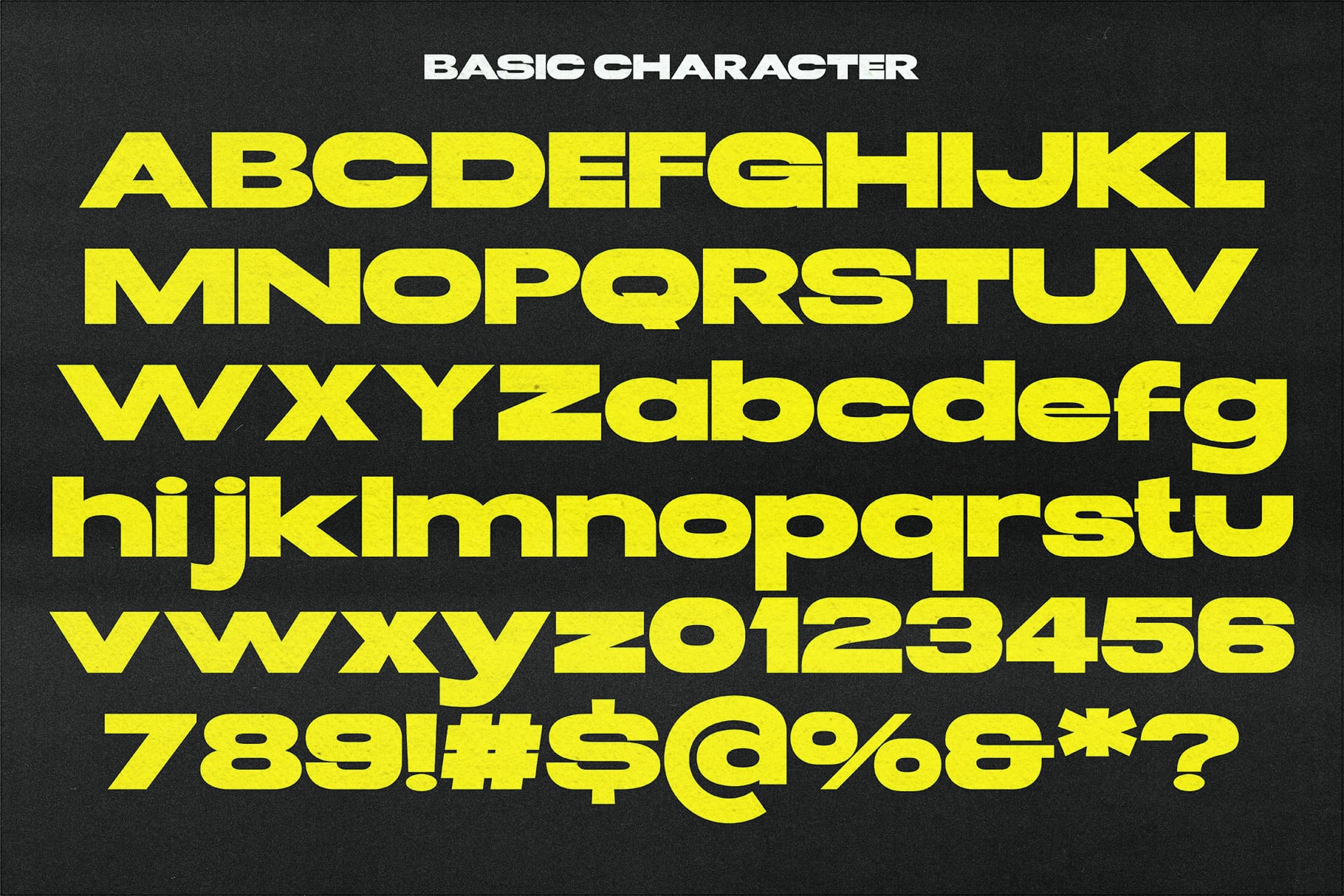 Bold neon yellow sans serif font displaying full character set with numbers plus symbols on dark background