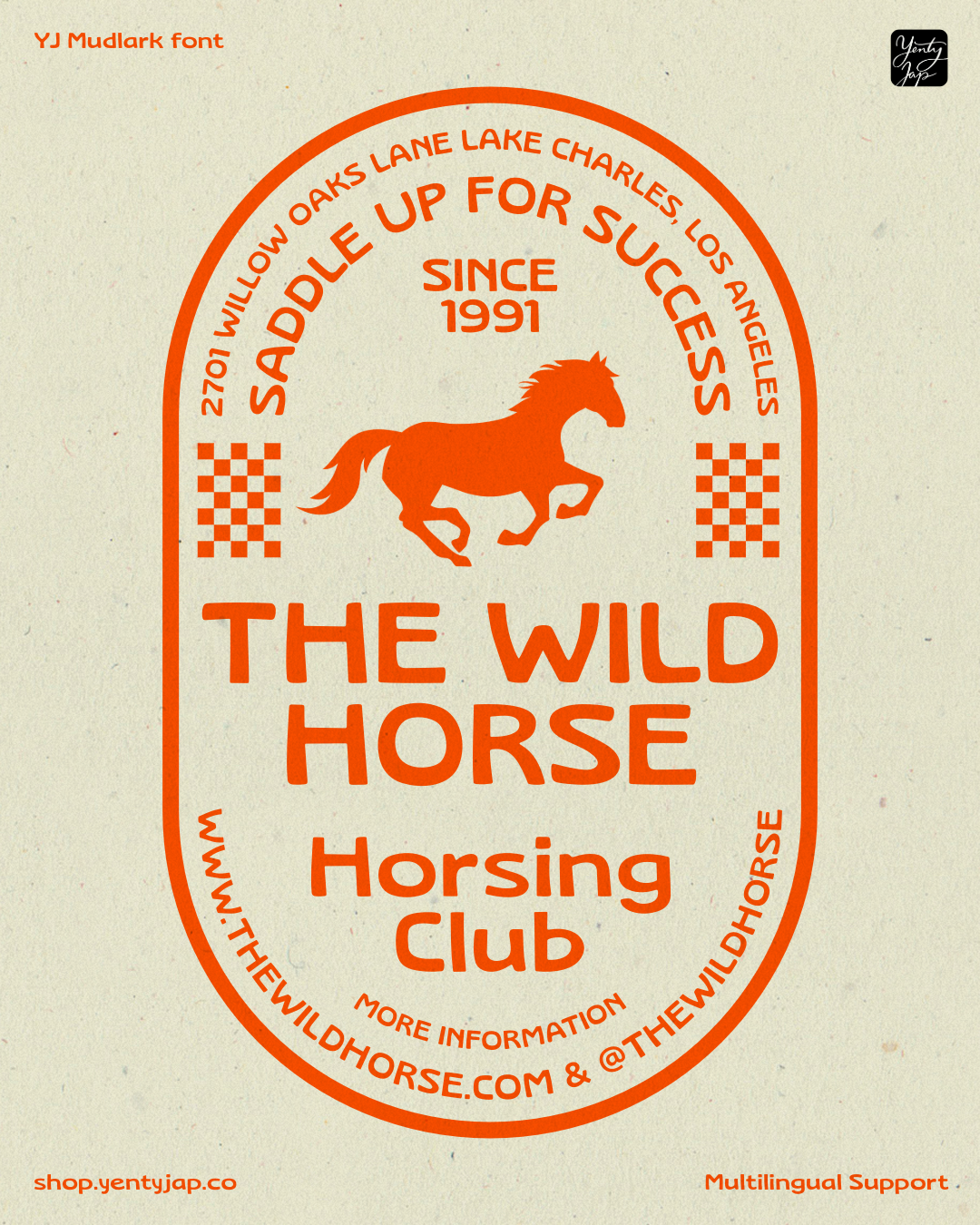 Retro badge design with orange horse silhouette, checkered patterns, curved text layout on cream background