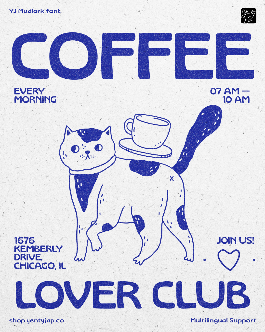 YJ Mudlark font displayed on coffee lover club poster with cat holding cup illustration