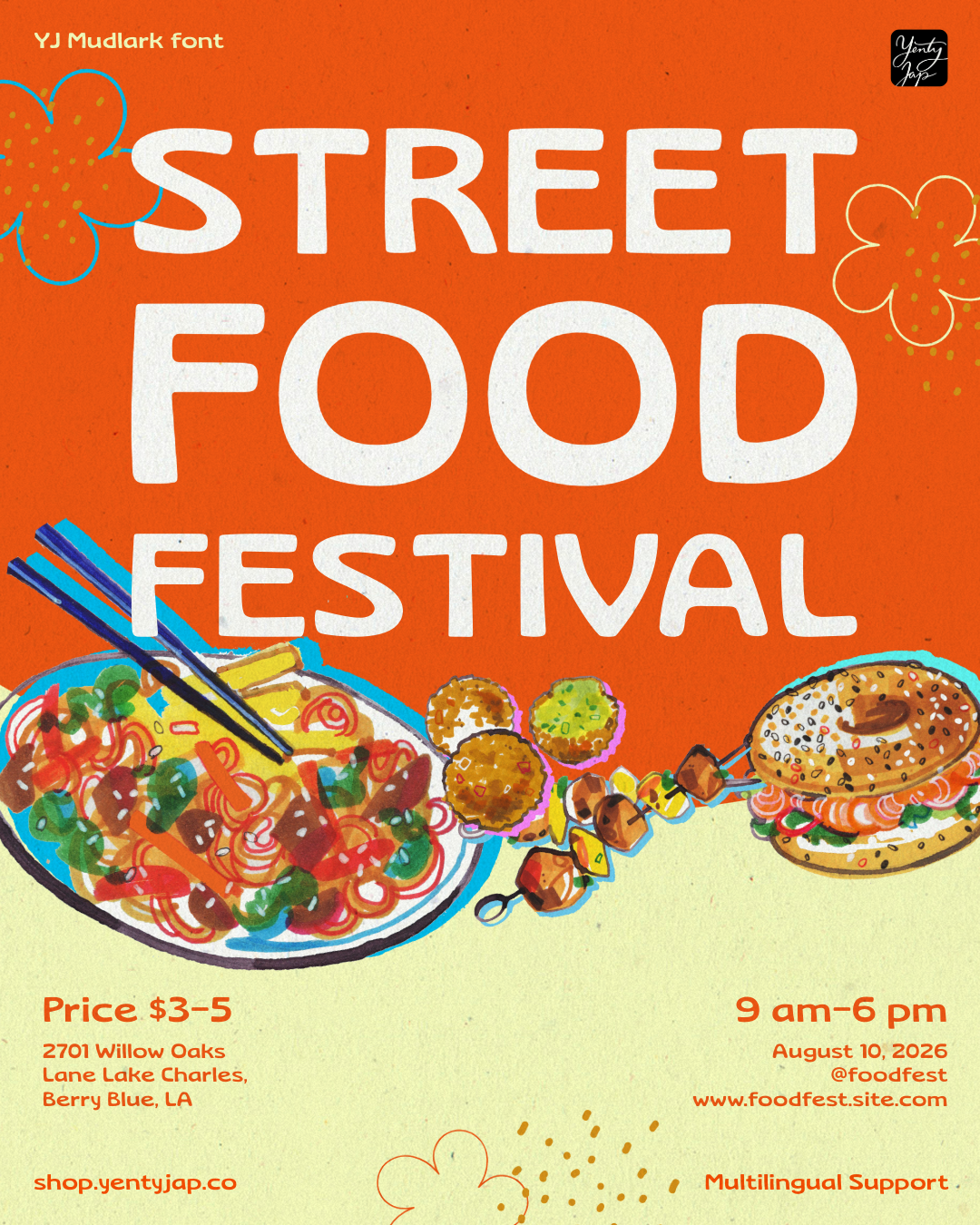 YJ Mudlark font displayed on vibrant street food festival poster with noodles, donuts, skewers