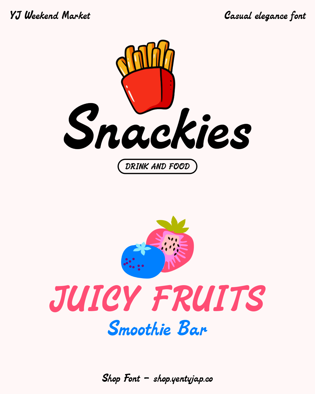 Snackies logo with fries, juicy fruits branding with berries, casual script typeface