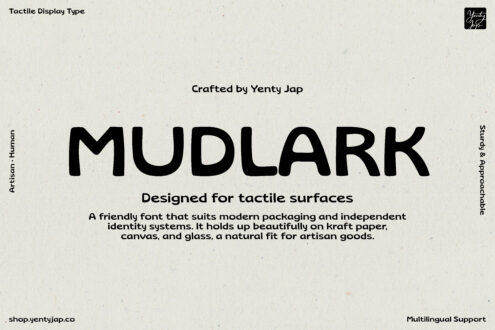 Mudlark font specimen showing bold typeface on cream textured background