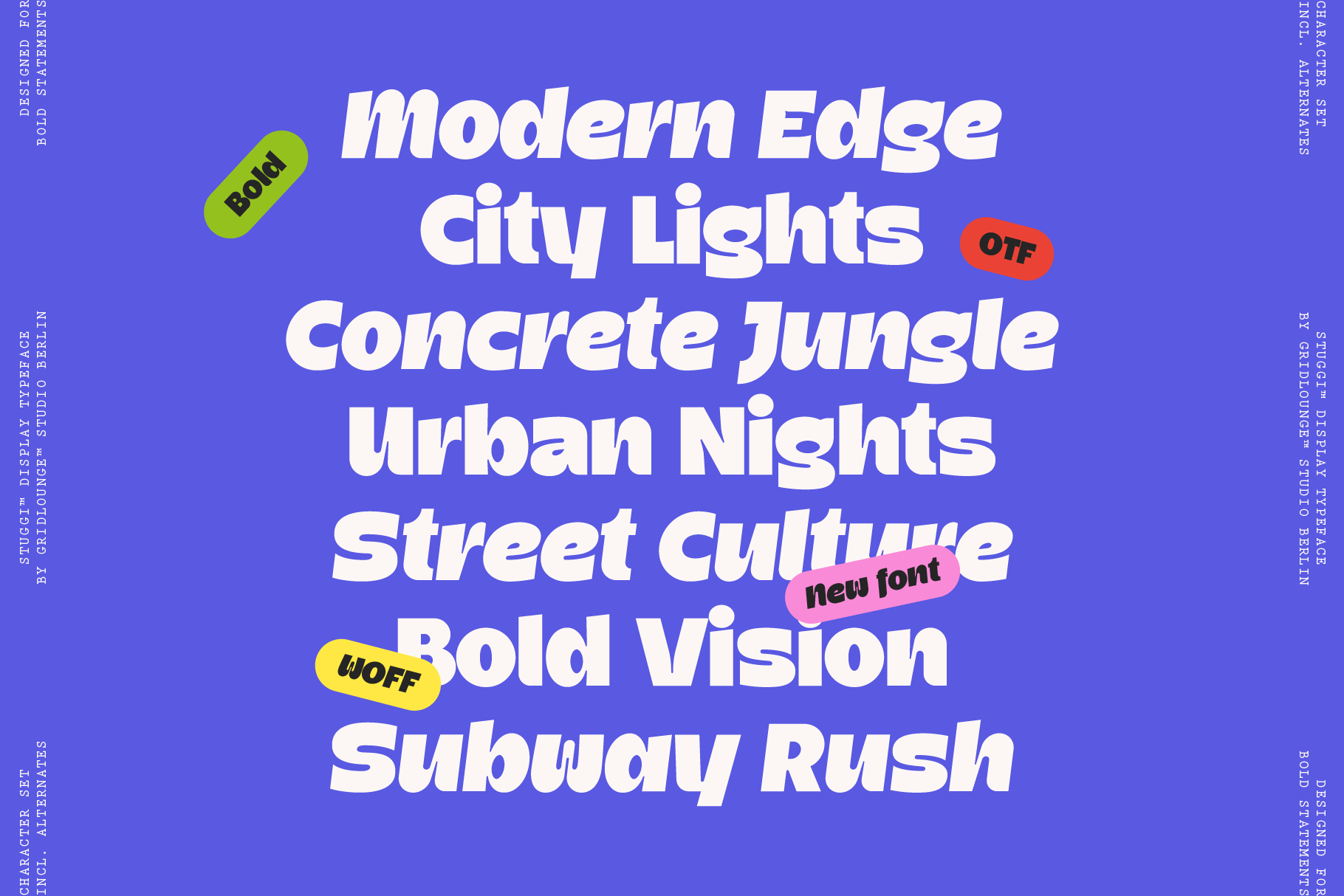 Bold italic font family displayed on vibrant blue background with colorful labels