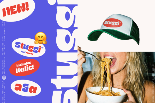Slugi font family package with branding mockups on bright blue background showing cap, noodle bowl, plus italic weights included