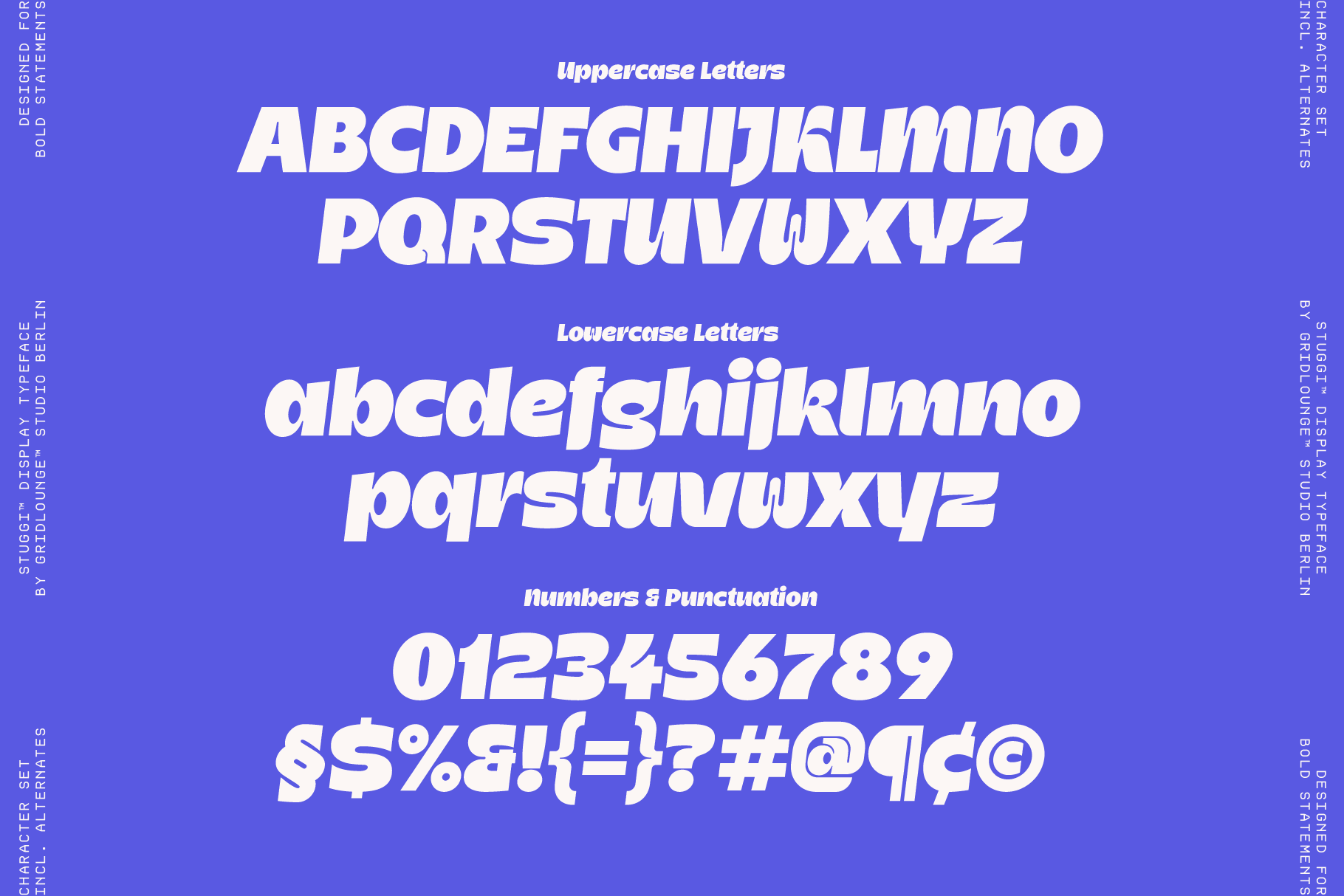 Bold italic font with uppercase, lowercase, numbers plus punctuation on vibrant purple background