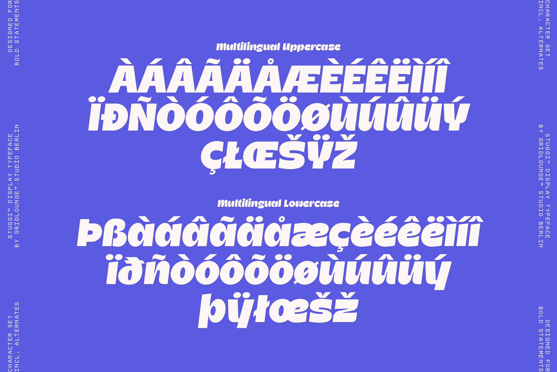 Bold italic font with multilingual accents displayed on bright purple background