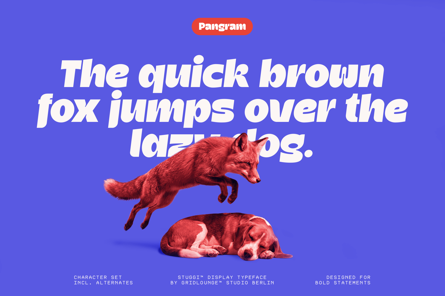 Pangram typeface specimen with red fox jumping over lazy dog on blue background