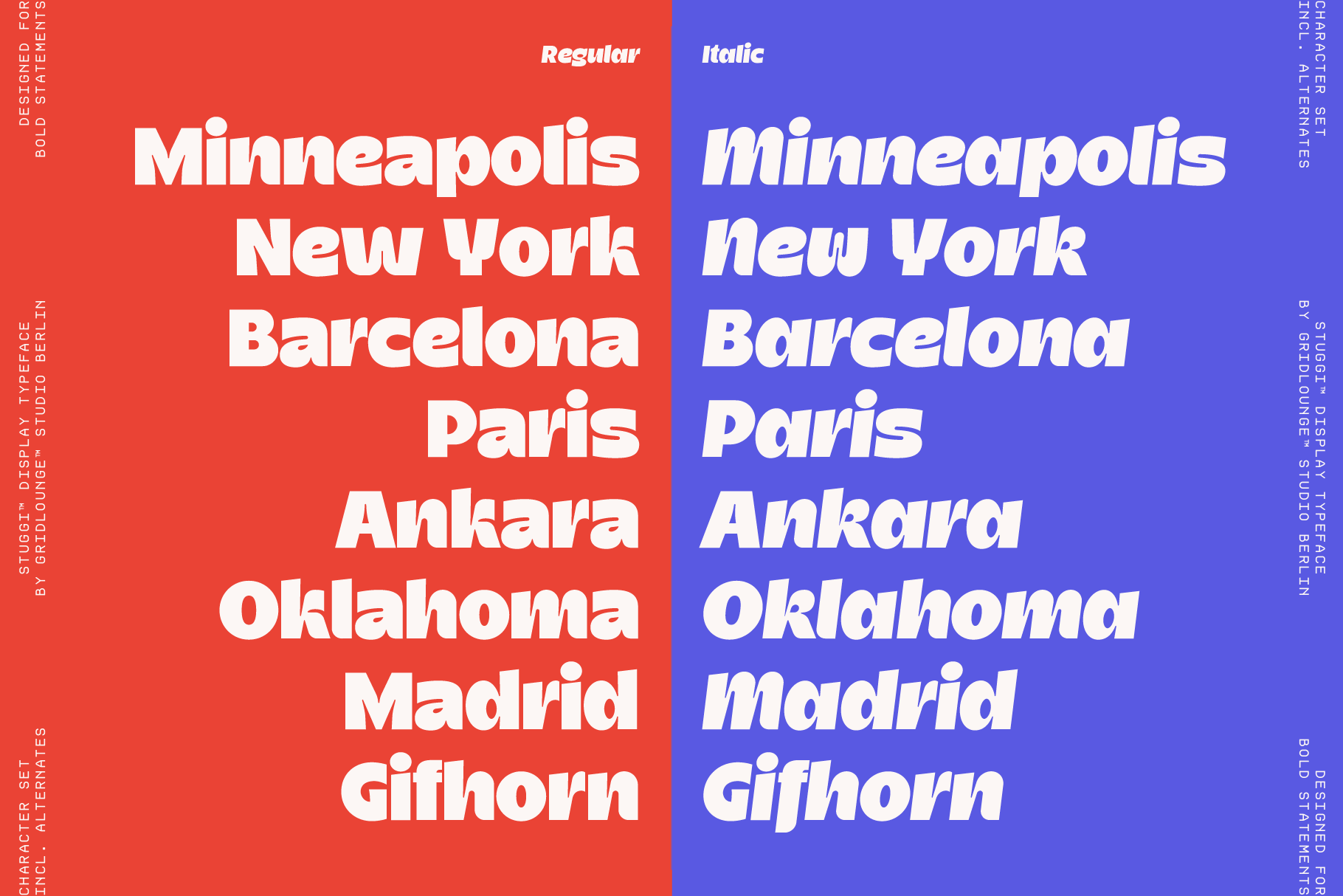 Bold sans serif font shown in regular plus italic weights on vibrant red plus blue backgrounds
