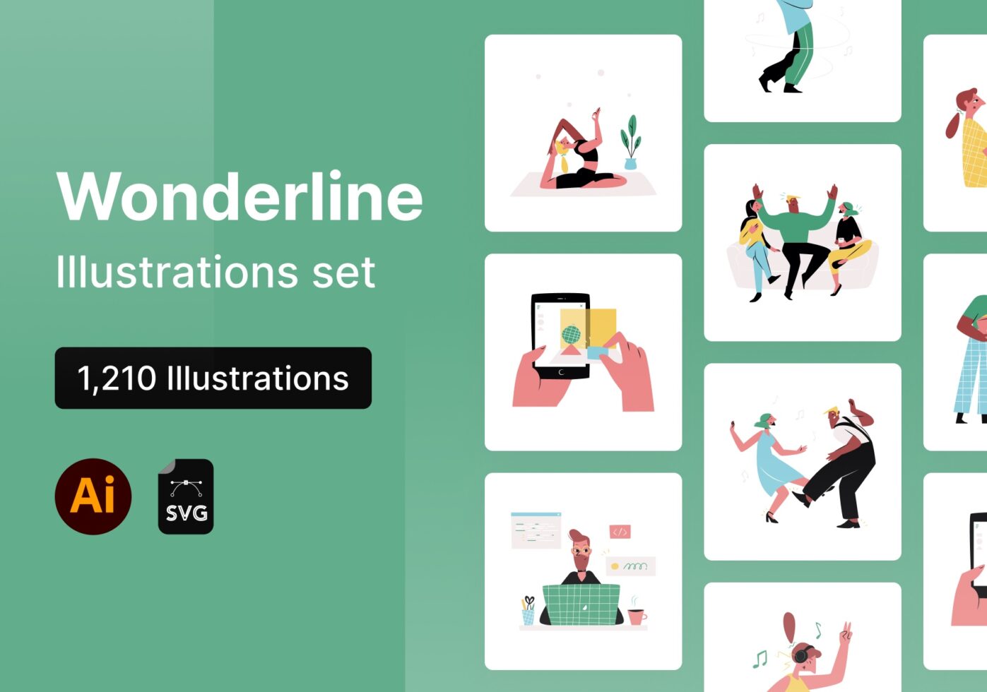 Wonderline illustration set showing 1,210 colorful character scenes for yoga, shopping, coding, dancing