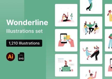 Wonderline illustration set showing 1,210 colorful character scenes for yoga, shopping, coding, dancing
