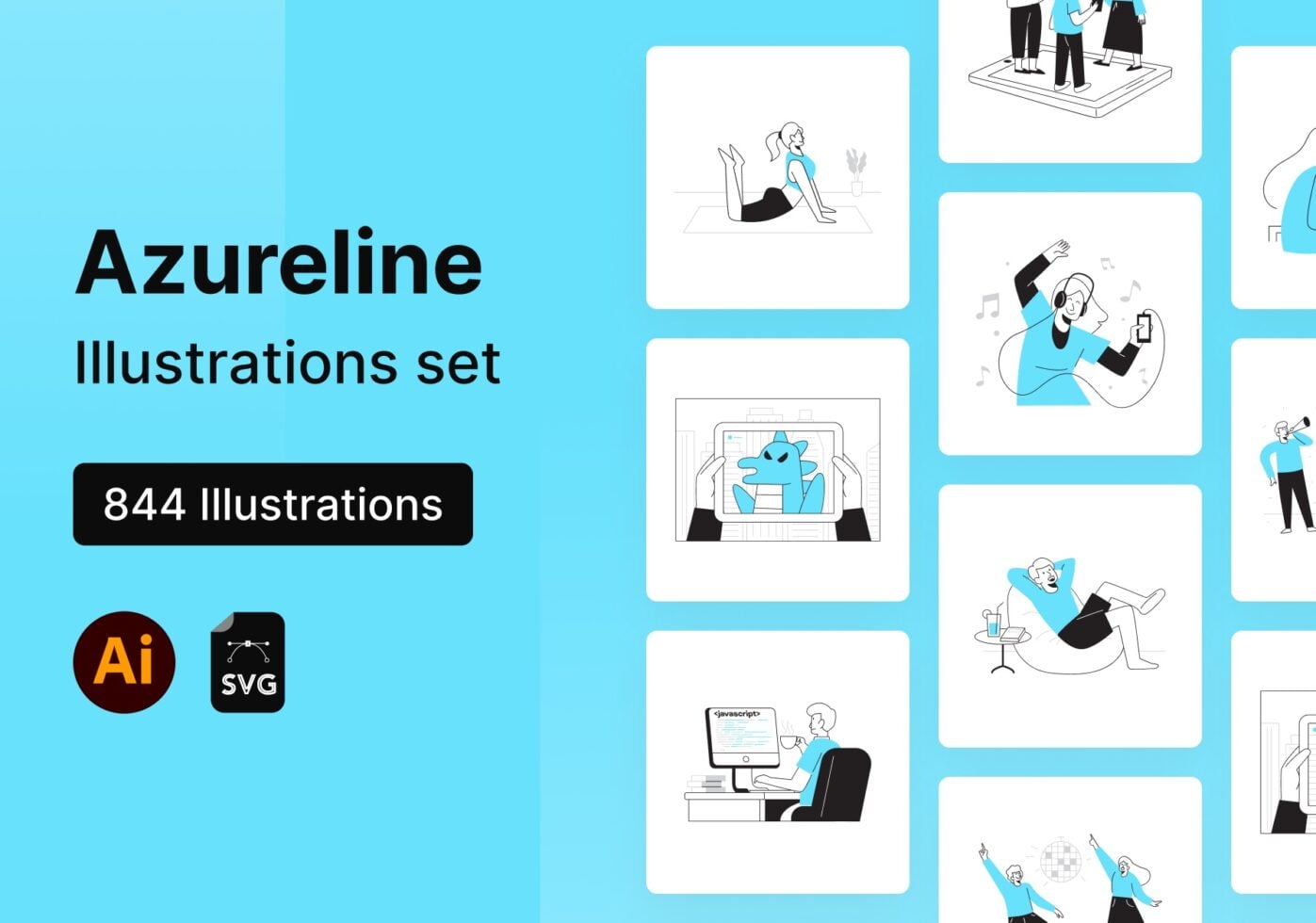 Azureline illustration set with 844 line art scenes of people working, relaxing, coding in bright blue tones