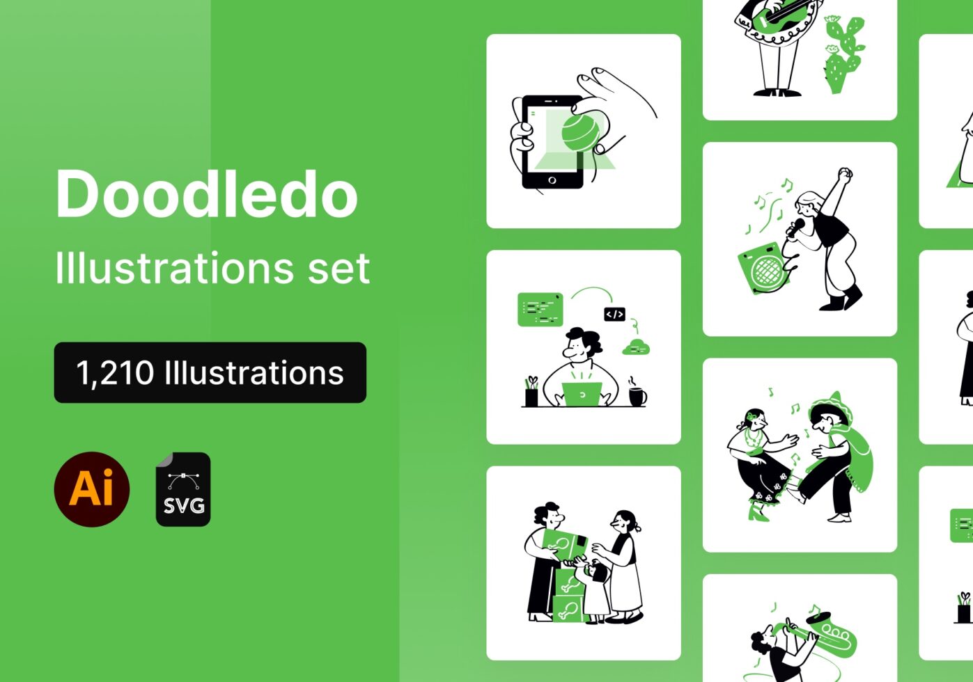 Doodledo illustration set showing 1,210 line art scenes with people, tech, plants, music in black on white cards
