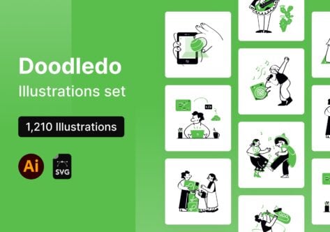 Doodledo illustration set showing 1,210 line art scenes with people, tech, plants, music in black on white cards