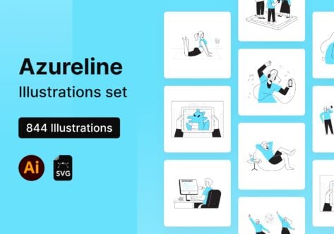 Azureline illustration set with 844 line art scenes of people working, relaxing, coding in bright blue tones