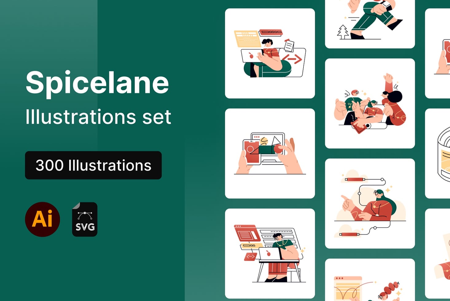 Spicelane illustration collection showing 300 colorful scenes of people coding, designing, collaborating with warm tones