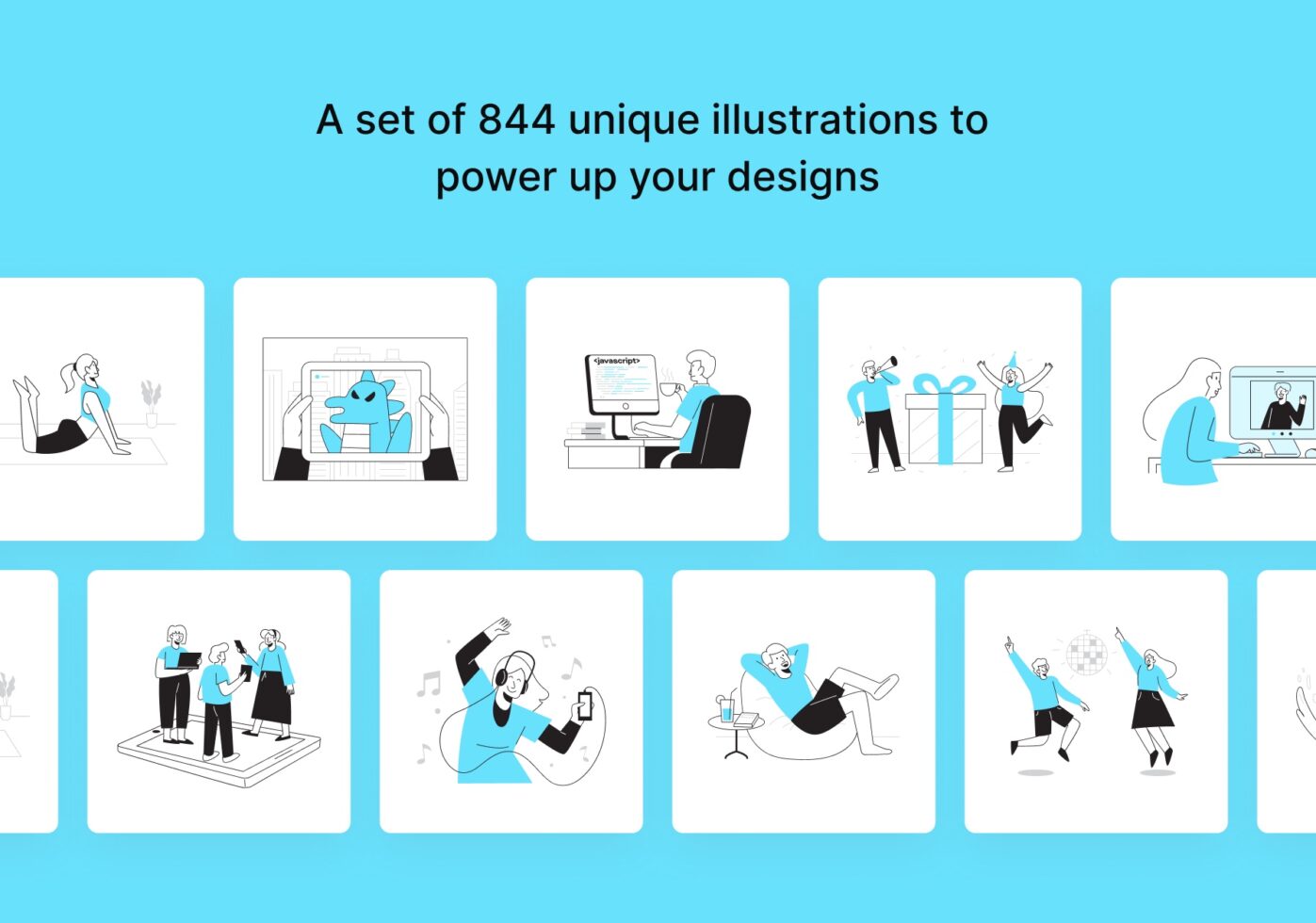 844 unique line illustrations showing people working, celebrating, relaxing in blue tones
