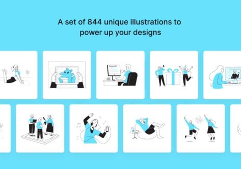 844 unique line illustrations showing people working, celebrating, relaxing in blue tones