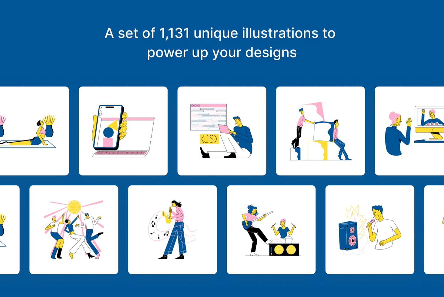 Colorful illustration pack with 1,131 characters doing work, music, coding, design tasks on a bright blue background