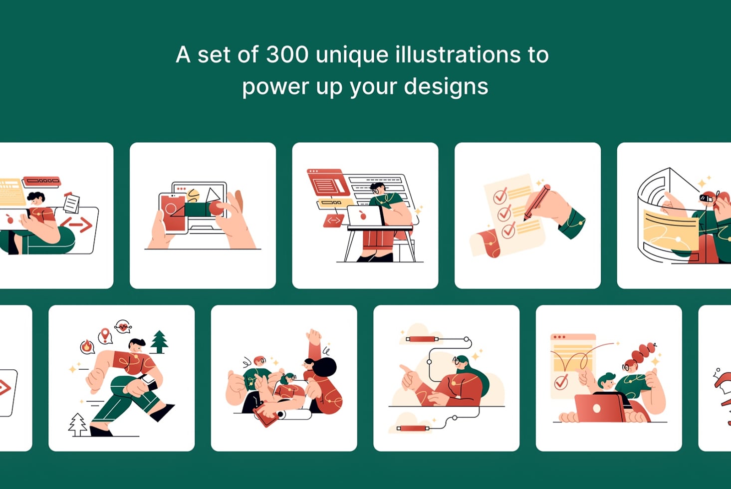 300 colorful illustration scenes showing people working on design tasks, projects, teamwork situations